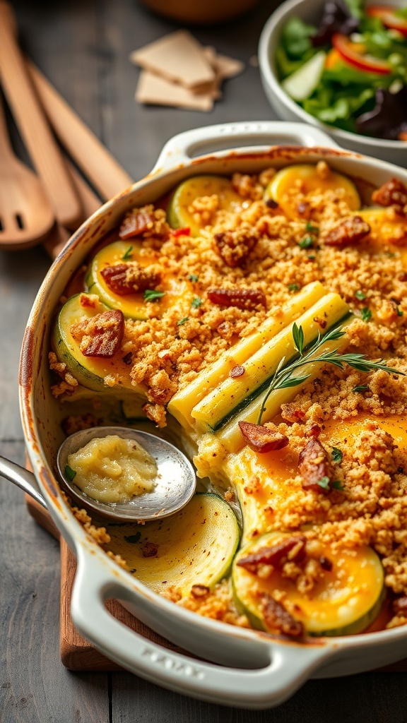 A cheesy zucchini and yellow squash casserole with a golden topping, served in a rustic dish.